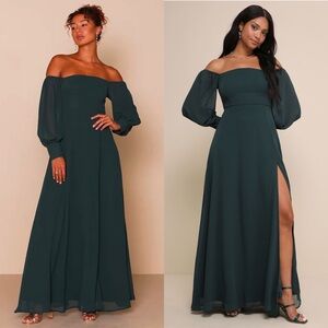 NWT LULUS Off Shoulder Puff Long Sleeve Wedding Guest Formal Princesscore Gown L